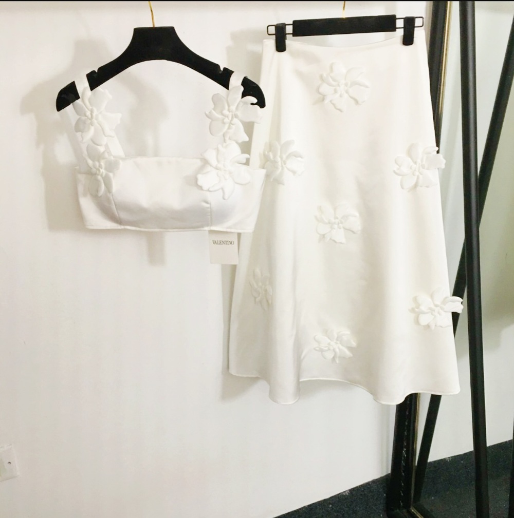 Runway Style 3D Floral Applique 2-Piece Set Crop Top & Midi Skirt White